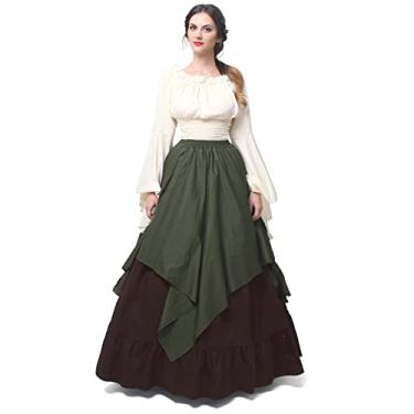 Imagem de NSPSTT Vestido feminino medieval renascentista, vestido vitoriano, vestido escocês, conjunto de 2 peças, Verde militar e marrom escuro, M