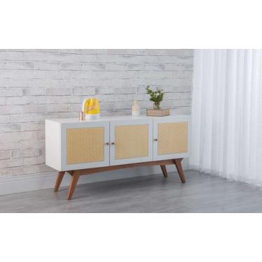 Imagem de Balcão Buffet Para Sala De Jantar Mdf Branco Pés Jatobá 3 Portas Palhi