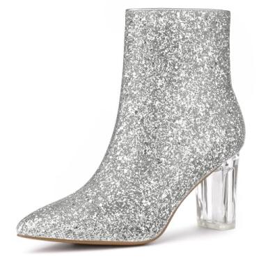 Imagem de Allegra K Botas femininas de cano curto com glitter e salto bloco transparente, Prata, 38