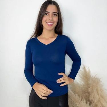 Imagem de Blusa de frio Feminina Gola V Manga Longa basica Segunda Pele inverno 