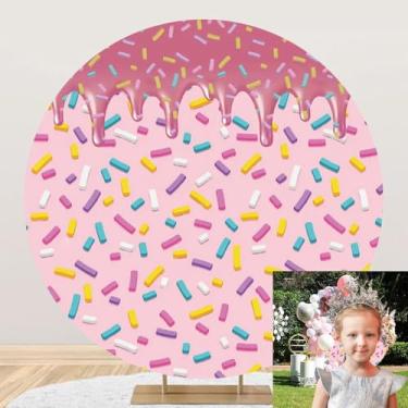 Imagem de OERJU Capa de pano de fundo redondo donut rosa crescer cenário de fotografia de aniversário colorido confete pastel meninas chá de bebê decoração de festa de aniversário recém-nascido fundo círculo