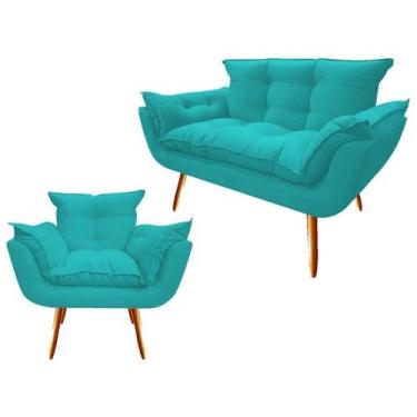 Imagem de Kit Namoradeira + Poltrona Decorativa Opala Suede Azul Turquesa Pés Ma