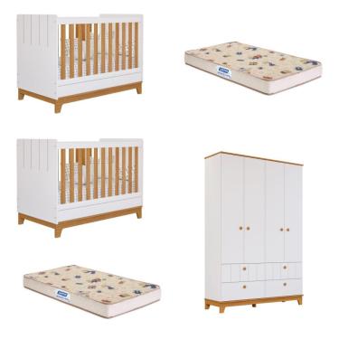 Imagem de Quarto Bebê Gêmeos 2 Berço Mini Cama Guarda Roupa Liza e 2 Colchões Gazin Permobili