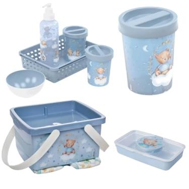 Imagem de Kit Higiene Bebê 4 Pçs Plasútil Lixeira Porta Fraldas Lenços (Urso Azul)