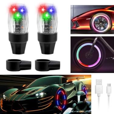 Imagem de YUERWOVER Pacote com 2 luzes de pneu para carro LED bicicleta roda lanterna flash bicicleta vaga-lume válvula tampa haste motocicleta pneu raio lâmpada impermeável acessórios de decoração para