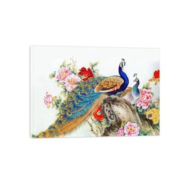Imagem de Chinoiserie Imagem arte parede-Paisagem Pintura em Tela-Flores peônias pavão-Pôster e Impressões Decoração Sala de Estar 50x70cm20x27in Tela Embrulhada
