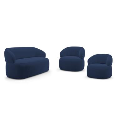 Imagem de Kit 02 Poltronas Giratória e 01 Sofá Orgânico Glee 03 Lugares 170cm Veludo Azul Marinho - Abmaza