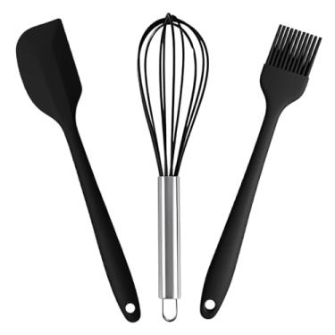 Imagem de Kit Utensílios Cozinha Espátula Pincel Batedor Claras Ovos Silicone Premium Conjunto 3 Itens Antirriscos Antiaderente Livre de BPA Maleável Durável Resistente Multiuso Ideal para Cozinhar 27cm Preto