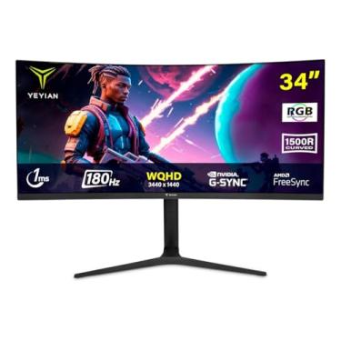 Imagem de YEYIAN Monitor Para Jogos 34" Ultrawide Curvo De 180 Hz, Tela 1 Ms, Resolução 1500 21:9 W/Hd (3440 X 1440), Ângulo Visão 178°, 129%, Dci-P3 92%, Sincronização Livre, Hdmi X2, Dp1.4 Inclinação Ajustá