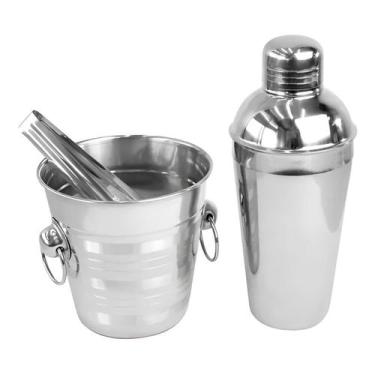 Imagem de Kit Conjunto Bar 3 Peças Coqueteleira Balde Pegador Inox - Innovare E-