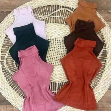 Imagem de Blusa feminina malha canelada gola alta manga cavada com bojo - moda f