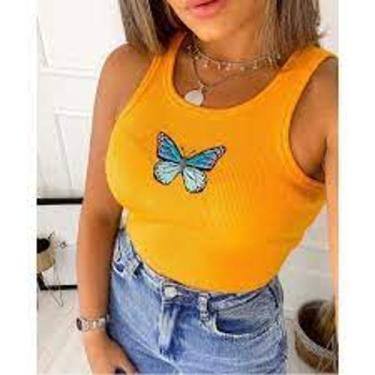 Imagem de Cropped feminino borboleta sem manga malha canelada mulher - filo moda