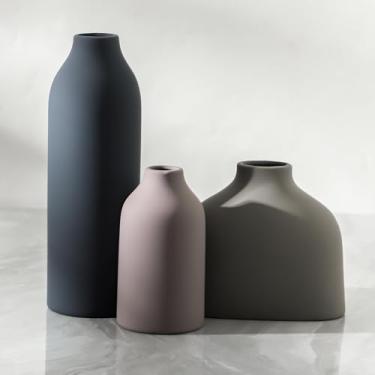 Imagem de Conjunto de 3 vasos de cerâmica, decoração de casa, decoração moderna de casa de fazenda, flores frescas secas de grama dos pampas, quarto, sala de estar, decoração de estante, decoração boho de mesa
