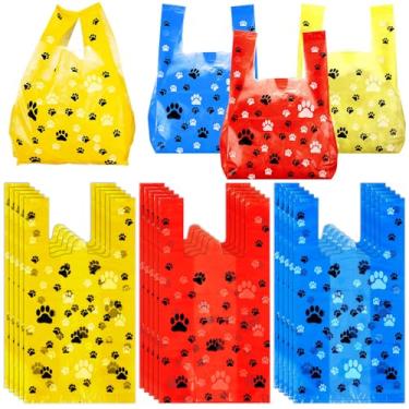 Imagem de Outus 50 peças de sacolas de presente com estampa de pata e cachorro, embalagem de guloseimas para festa de aniversário, 19 x 35 x 12 cm (vermelho, amarelo, azul)