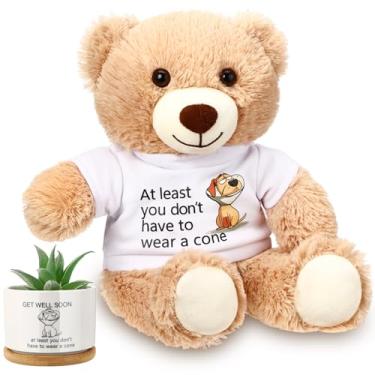 Imagem de Blueweenly 13.8" Get Well Soon Bear with White T-Shirt, Mini Ceramic Succulent Planters Pots with Bamboo Tray, Stuffed Animals at Least You Don't Have to Wear A Cone Gifts for Women Man