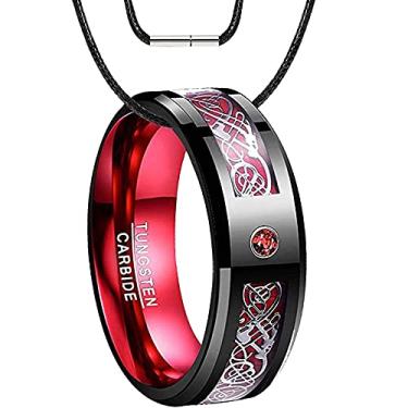 Imagem de QUEENWISH Aliança de casamento de tungstênio celta de dois tons de 8 mm com cordão de colar de couro, pedra preciosa de zircão criada e incrustação de fibra de carbono azul masculina e feminina