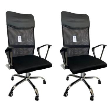 Imagem de Kit 2 Cadeira Escritório Presidente tela Mesh Cromada com rodinhas e L
