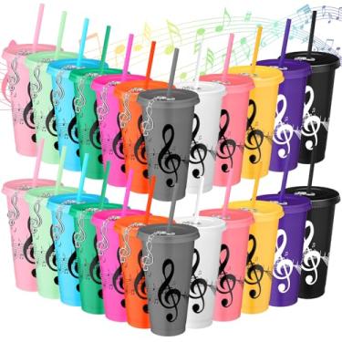 Imagem de Skylety 24 conjuntos de copos musicais para presentes musicais a granel 680 g reutilizável nota musical copo de plástico com canudo e tampa chaveiro presentes para festa amante da música