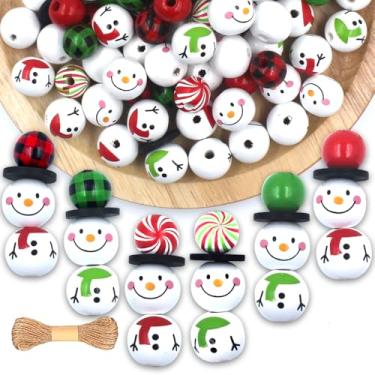 Imagem de 120 peças de contas de madeira de bonecos de neve, contas de madeira de Natal com lenço de barbante, xadrez buffalo, colorido, verde, vermelho, inverno, contas redondas de madeira para artesanato faça