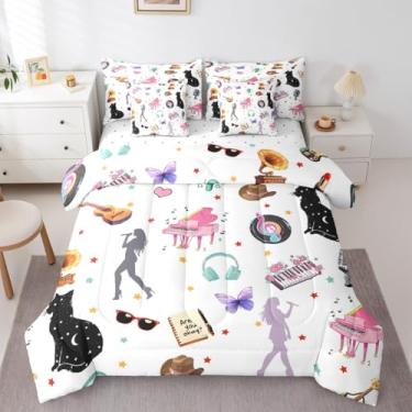 Imagem de Erosebridal Jogo de cama King com estampa de piano rosa, 7 peças, para fãs de música, borboleta, estrelas, gato, cama em uma bolsa, tema de música moderna, colcha com lençol de cima