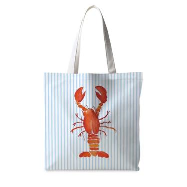 Imagem de ignytiger Sacola de praia lagosta, sacola listrada de lona de peixe costeiro azul de verão para mulheres, bolsas essenciais de praia para mulheres, bolsa de compras de supermercado reutilizável