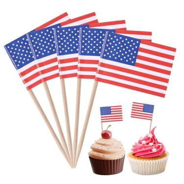 Imagem de Palitos de dente de bandeira, 100 peças, mini bandeiras americanas em palitos de alimentos, palito de dente, topos de cupcake, mini palito de coquetel, decoração de bandeira para bar de festa do dia