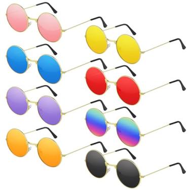 Imagem de NEBURORA Óculos de sol redondos hippie, armação de metal, círculos coloridos para mulheres e homens, acessório retrô para festa discoteca dos anos 70, Laranja, rosa, vermelho, azul, preto, amarelo