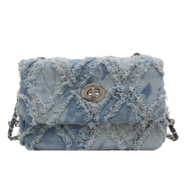 Imagem de Extolove Bolsa tiracolo jeans feminina pequena acolchoada bolsa jeans bolsa de ombro linda bolsa jeans, Azul, Bolsa jeans