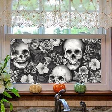 Imagem de HOMETITUTE Película de janela de caveira, 100 x 44 cm, adesivo de vidro de caveira preta e branca para decoração de arte de caveira, para o Dia das Bruxas dos Mortos, crânio estático removível
