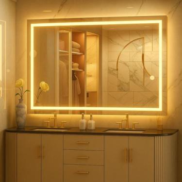 Imagem de Espelho Grande Retangular 70x130 Cm Jateado Com Led Lapidado - Espelho