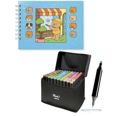 Imagem de Livro Colorir com Canetinhas Kit Livro De Pintura Azul + 80 Canetas Ponta Dupla Marcadora Canetinhas para Colorir Capa Dura Holográfica com Acetato 50 desenhos A5