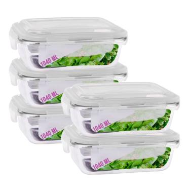 Imagem de Kit 5 Potes Hermetico  Vidro Transparente 1040ml Marmitas 4 Travas