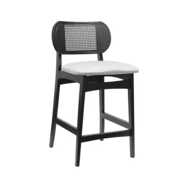 Imagem de Banqueta Organik Encosto Anatômico com Telinha Rattan - Preto - Assento Estof. Linho Cinza Mescla Impermeável