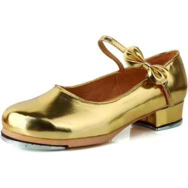 Imagem de Sapatos De Sapateado Para Meninas, Sapatos De Dança Júnior Para Mulheres, Sapatos De Sapateado De Couro De Salto Baixo, Sapatos De Dança Profissional P, Gold Butterfly Tap Shoes, 33 EU