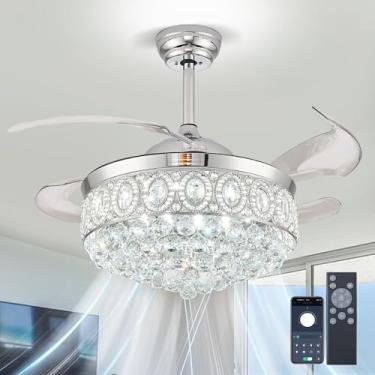 Imagem de FRIXCHUR Lustre de cristal regulável de 106,7 cm, ventilador de teto com luzes e controle remoto, ventiladores de lustre de LED para sala de estar, 6 velocidades, 3 cores, moderno, reversível