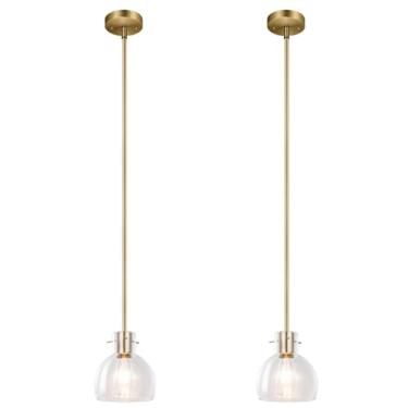 Imagem de CRAFTRONOS Pacote com 2 lâmpadas pendentes de latão 1L, ilha de cozinha, lustre moderno dourado, persiana de vidro transparente, hastes de altura ajustável, várias hastes penduradas E26, luz de teto