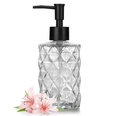 Imagem de Dispensador de sabão de vidro de 325 ml com bomba de plástico, dispensador de sabão de mão recarregável com design de diamante para lavar as mãos, banheiro e cozinha