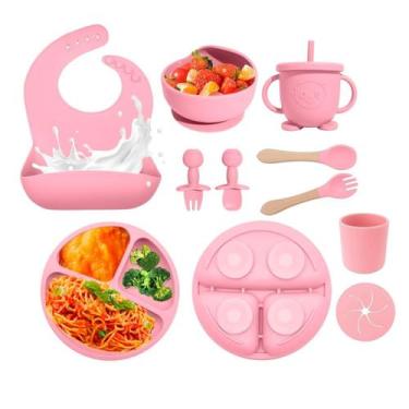 Imagem de Kit Refeição Bebê Prato Copo Talher Babador Silicone Ventosa - Ahc Men