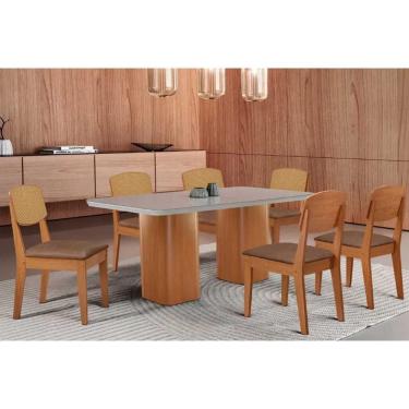 Imagem de Conjunto Sala de Jantar Maldivas c/ Tampo Madeirado c/ Vidro Canto Curvo 180x90cm e 6 Cadeiras Havana Premium Naturale/Off White - Corano Capuccino-Ru