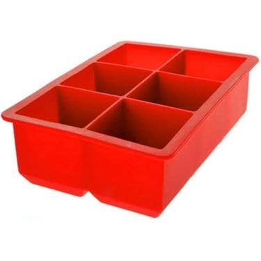 Imagem de Forma de Gelo em Silicone 6 Cubos Grandes Vermelha Resistente e Flexível Suporta Até 220ºC Fácil de Usar e Leve 16x12cm