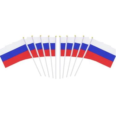 Imagem de Pacote com 10 bandeiras russas da Rússia em bastão 12 x 20 cm, decorações patrióticas, decoração de sala de aula, pequenas mini bandeiras em varas, decorações de bandeira para festa.