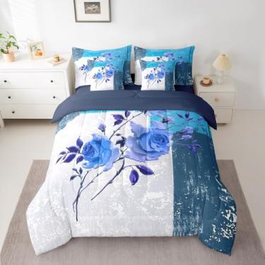 Imagem de Conjunto de cama de luxo para meninos, arte abstrata, moderno, edredom floral, azul, 7 peças, inclui edredom, conjunto de lençol, fronhas e fronhas de solteiro, enchimento interno
