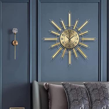 Imagem de Relógio de parede arte grande moderno relógio de parede sol, relógio de metal artístico exclusivo, relógio de sala de estar montado na parede, sala de estar café restaurante relógio de quartzo dourado