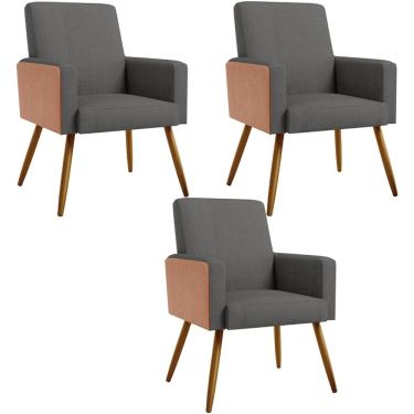 Imagem de Kit 03 Poltronas Decorativa Maria W01 Pés Palito Linho Cinza Escuro Couríssimo Camel - Lyam Decor