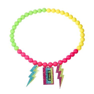 Imagem de KZL Colar de contas de acrílico neon colorido dos anos 80 com pingente de fita brilhante para mulheres, acessórios de fantasia para festa de Halloween dos anos 80, Acrílico, Ágata