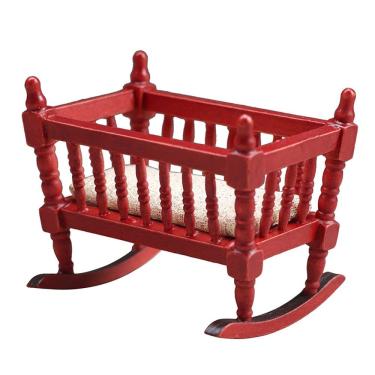 Imagem de Móveis de casa de bonecas em miniatura, berço vermelho de madeira, escala 1:12