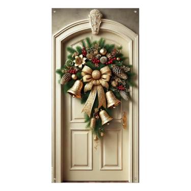 Imagem de BlissYard Guirlanda de porta Merry Christmas 89 x 189 cm Capa decorativa para porta com sinos dourados pinhas e frutas vermelhas para exibição de varanda de inverno interna e externa