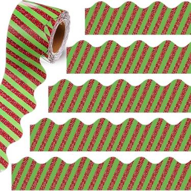 Imagem de Fuutreo Bordas de quadro de avisos de Natal com glitter de 10 metros, caprichoso, verde, vermelho, listrado, corte, quadro-negro, decoração de parede, para escola primária, sala de aula, porta de casa