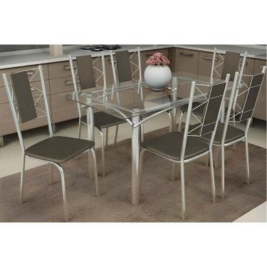 Imagem de Conjunto: Mesa Sala Jantar Elba C- Tampo De Vidro 120cm E 6 Cadeiras Lisboa Cromada - Courano Marrom - Kappesberg