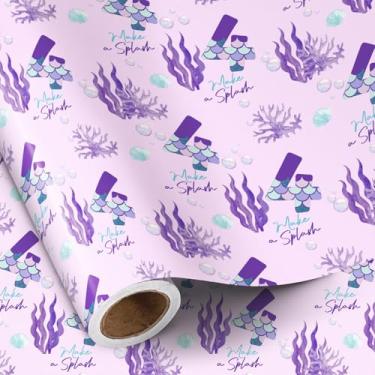 Imagem de RUSPEPA Rolo de papel de embrulho de 4º aniversário, mini rolo, cauda de sereia roxa número 4 e embrulho de presente com texto "Make a Splash" para meninas, festa de aniversário infantil, 43 cm x 40